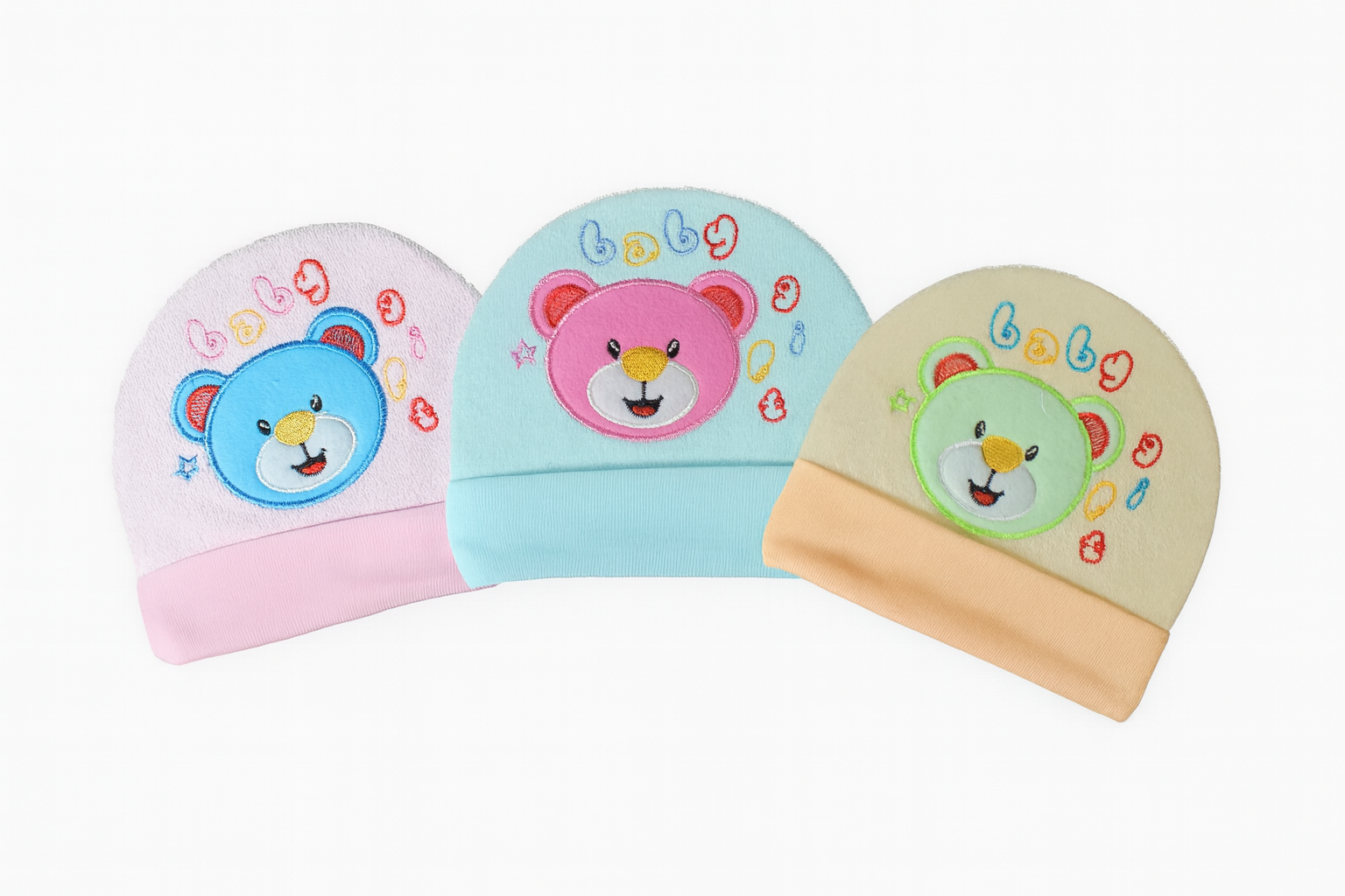 Newborn Baby Cotton Caps Set with Cute Bear Embroidery | Soft & Stretchable Infant Hats (0–12 Months)