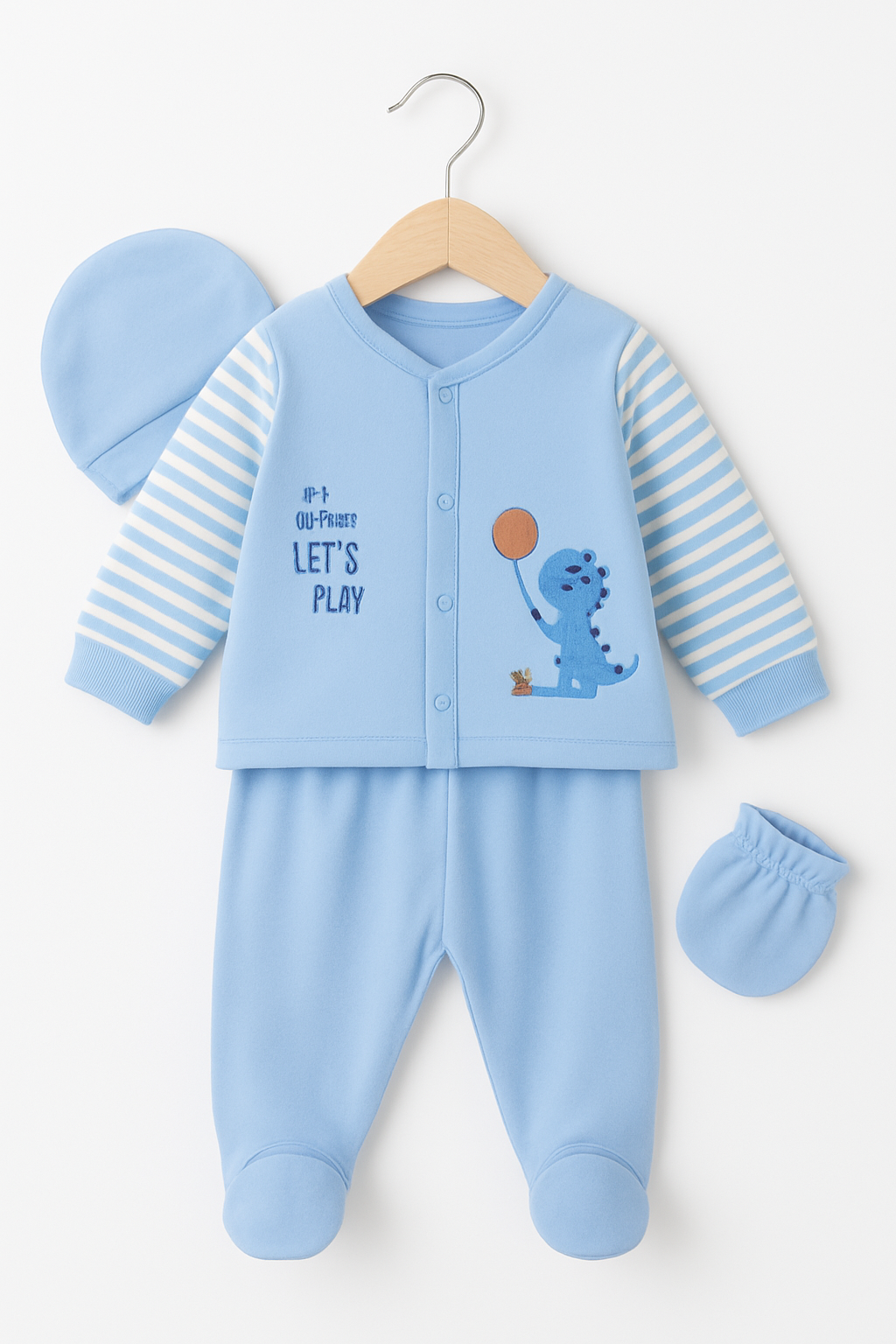 Newborn Baby Boy Cotton Clothing Set | 4-Piece Soft Winter Outfit with Cap & Mittens